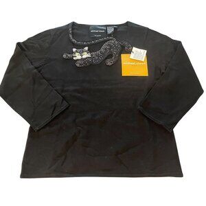 NEW Michael Simon New York Embroidered Silk Blend RARE 3D Black Cat Sweater Sz M